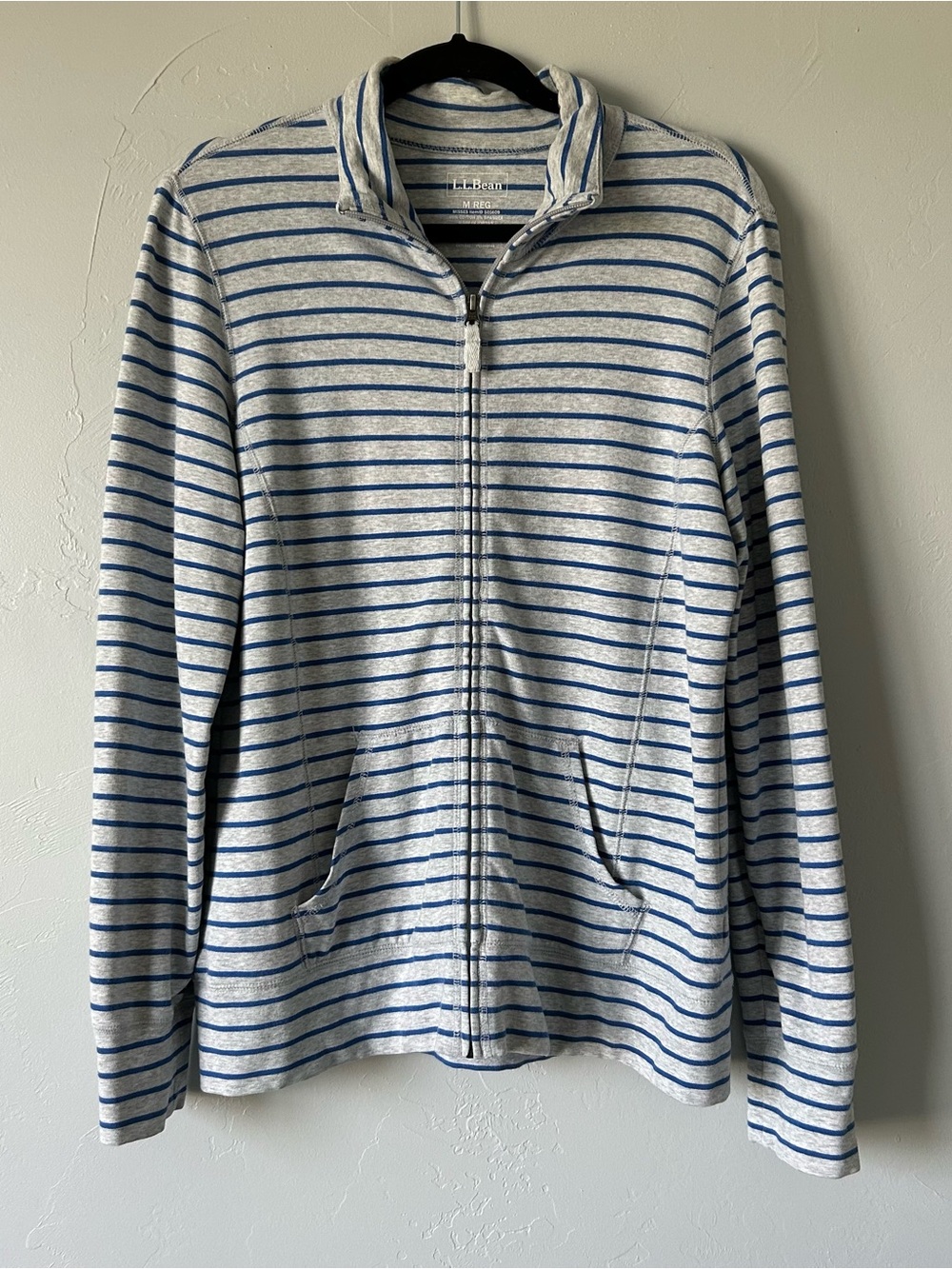 L.L. Bean Ultrasoft Sweats Full Zip Mock Neck Sweatshirt Jacket Grey Blue Stripe